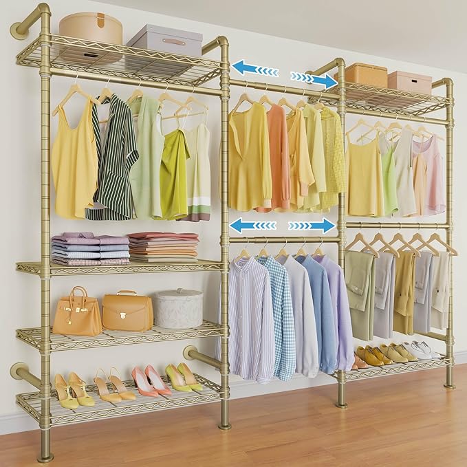 Timate F3 Garment Rack Heavy Duty Clothes Rack for Hanging Clothes, Expandable Industrial Pipe Wall Mounted Clothing Rack, Adjustable Storage Closet Wardrobe Closet Kit Walk in Closet Systems, Gold