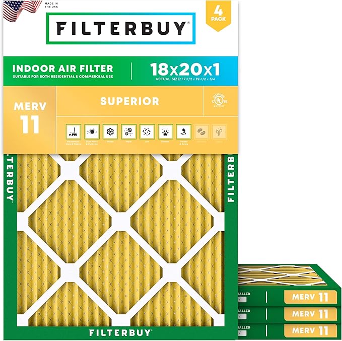 Filterbuy 18x20x1 Air Filter MERV 11 (MPR 1200) Allergen Defense Replacement (4-Pack), Electrostatic Pleated HVAC AC Furnace Filters, Made in USA (Actual Size: 17.50 x 19.50 x 0.75)