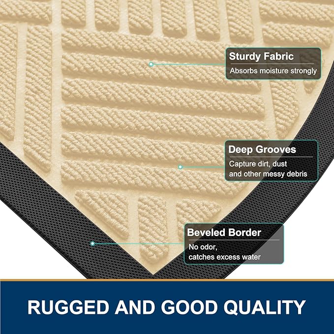Smiry Half Circle Front Door Mat Outside Entrance, Heavy Duty Outdoor Indoor Natural Rubber Doormat, Non Slip, Trap Dirt and Moisture, Easy Clean, Low Profile Patio Porch Entryway Mat, 29.5x17, Beige