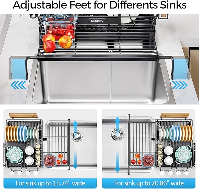 Extendable Dish Drying Rack, 2 in 1 Multifunction Dish Rack for Kitchen Counter, Expandable Dish Drainer Over Sink, Large Plate Strainer with Drainboard & Cups Holder