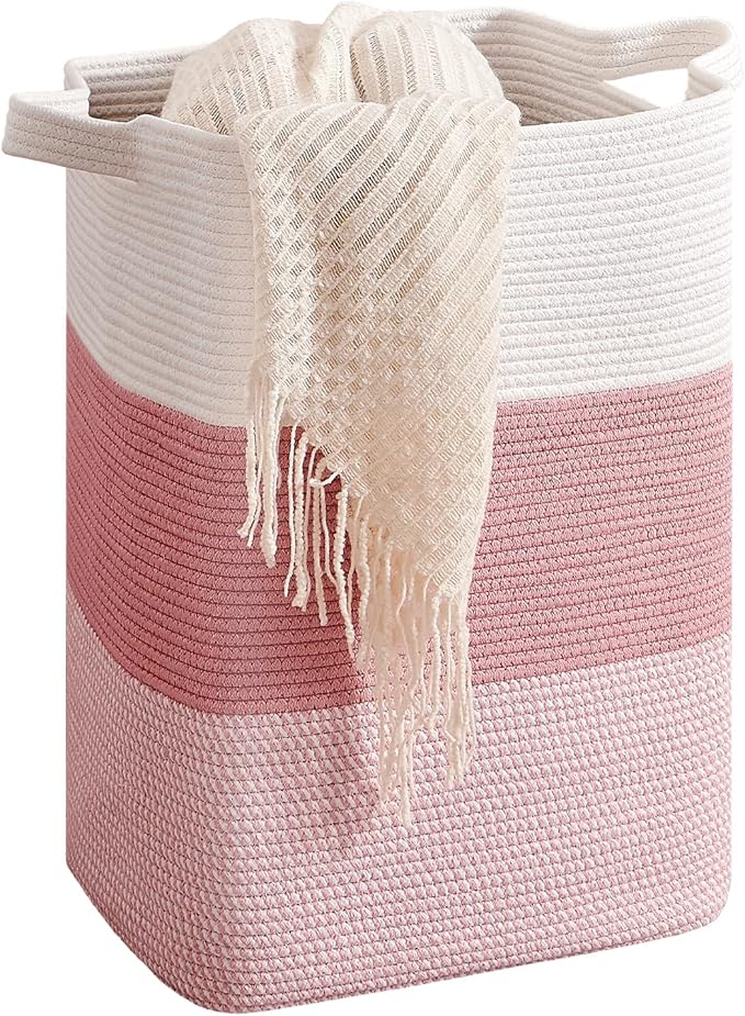 CLHMILY&Z 75L Laundry Hamper Rectangular Pink Rope Basket - 16x13x22 Inches - Dirty Clothes Storage Soft Organizer Bin for Blankets, Toys, and Nursery Essentials