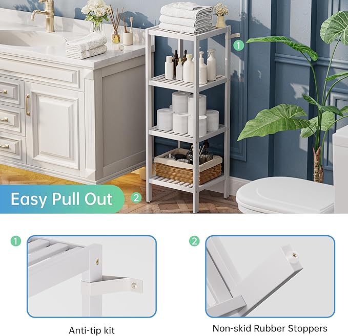 SMIBUY Bathroom Storage Shelf, 5-Tier Bamboo Rack Organizer, Multifunctional Shelving Unit for Living Room Bedroom Kitchen (White)