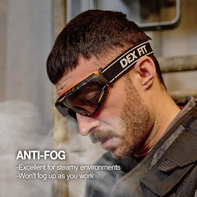 DEX FIT Protective Safety Goggles SG220; Anti Fog & Scratch, Z87 Eye Protection for Work, Adjustable for Women and Men, (Black & Orange Frame, Tinted Lens, 19cm Strap)