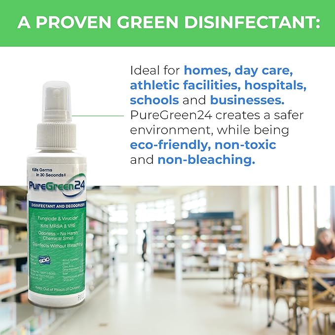 PureGreen24 Safe & Effective Disinfectant. Kills Deadly Germs including RSV COVID-19 Norovirus MRSA Staph 2025 flu Bird flu Contains no toxic chemicals odorless child & pet safe 1 32oz