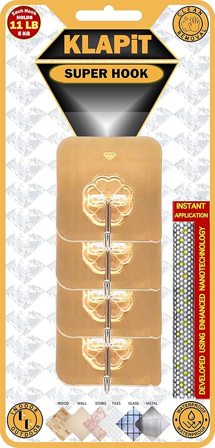 KLAPiT Super Hook - Heavy-Duty Adhesive Gold Wall Hooks, Holds Up to 11 lbs, Waterproof, No Damage, Easy Install on Tile, Wood, Stone, Glass & Metal - Made of Steel (Gold, 16pc)