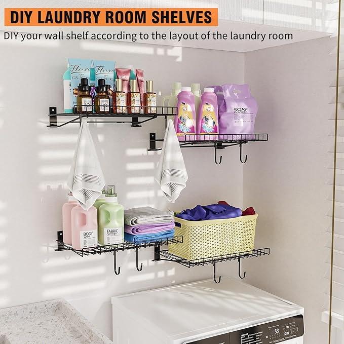 4 Pack Foldable Wall Shelf, Wall Mounted Garage Storage Shelves, Heavy Duty Wall Shelving Supports Up To 180 LBS. Floating Shelves With 8 Hooks Metal Storage Rack for Office, Kitchen and Laundry Room