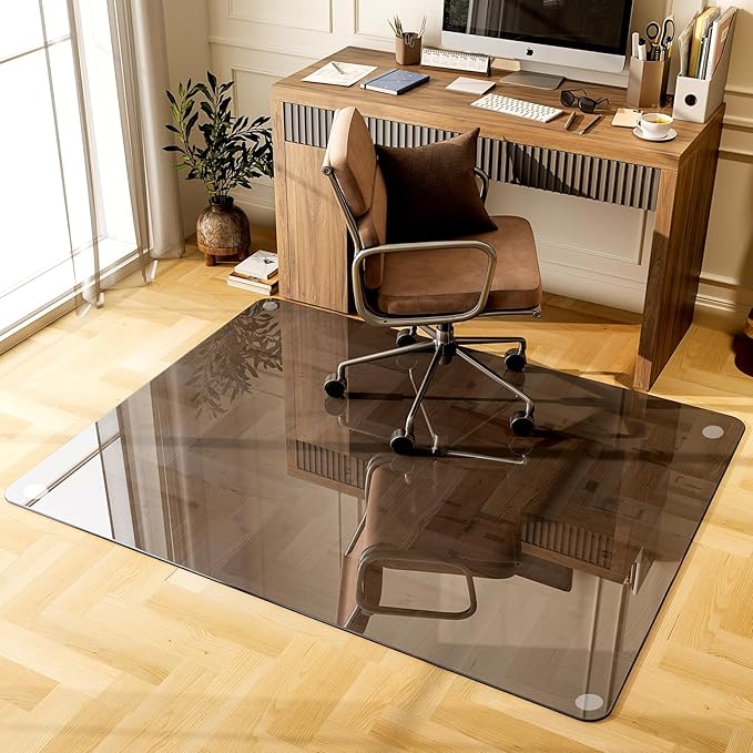 GLSLAND Office Chair Mat, 36" x 46" Grey Tempered Glass Floor Mat for Office Chair on Carpet, 1/6" Thick Computer Floor Mat with 4 Anti-Slip Pads
