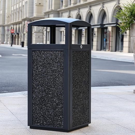 Commercial Metal Outdoor Trash Can with Lid, Lockable Outdoor Garbage Can with Nature Stone Panels, Heavy-Duty Rustproof Trash Bin with Removable Liner for Parks & Public Spaces