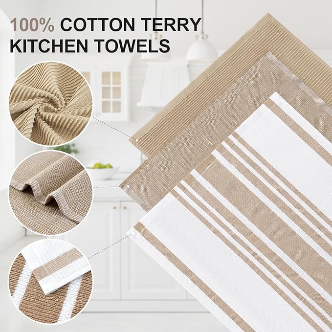 Homaxy Premium Kitchen Towels(18”x 28”, 9 Pack), Large Cotton 380 GSM Kitchen Hand Towels, Soft and Absorbent Terry Dish Towels, Multipurpose Tea Towel Set with Hanging Loop, Khaki
