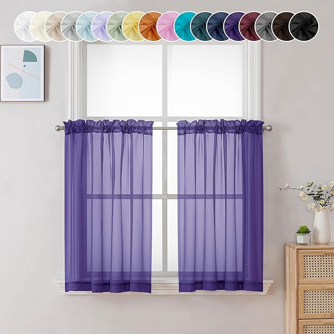 Chyhomenyc Sheer Purple Tier Curtains 24 Inch Length, Small Window Curtains Treatment for Bathroom Living Room Basement, Short Rod Pocket Cafe Curtain, 42W x 24L Inches, 2 Panels