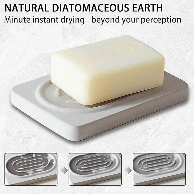 Diatomite Soap Dish for Kitchen Organizer, Quick Dry Sink Caddy Holder for Sponge, Brush, Toothbrush - Fast Absorbing Stone Tray (Light Grey, 4.8" x 3.1")