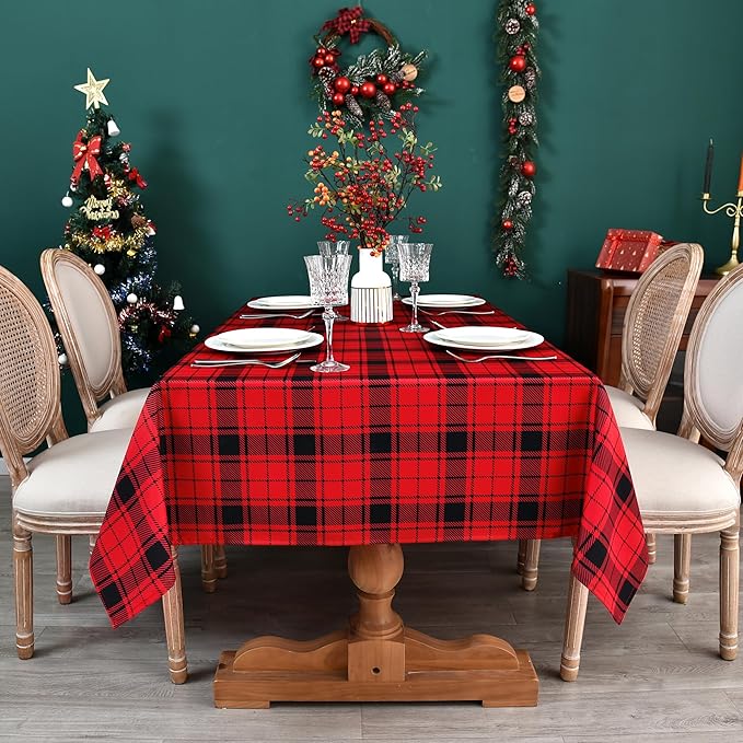 Waterproof Checkered Tablecloth Fabric - Rectangle 58x84 Inch Christmas Plaid Table Cloth for Indoor/Outdoor Use - Xmas Table Cover for Kitchen, BBQs, and Parties