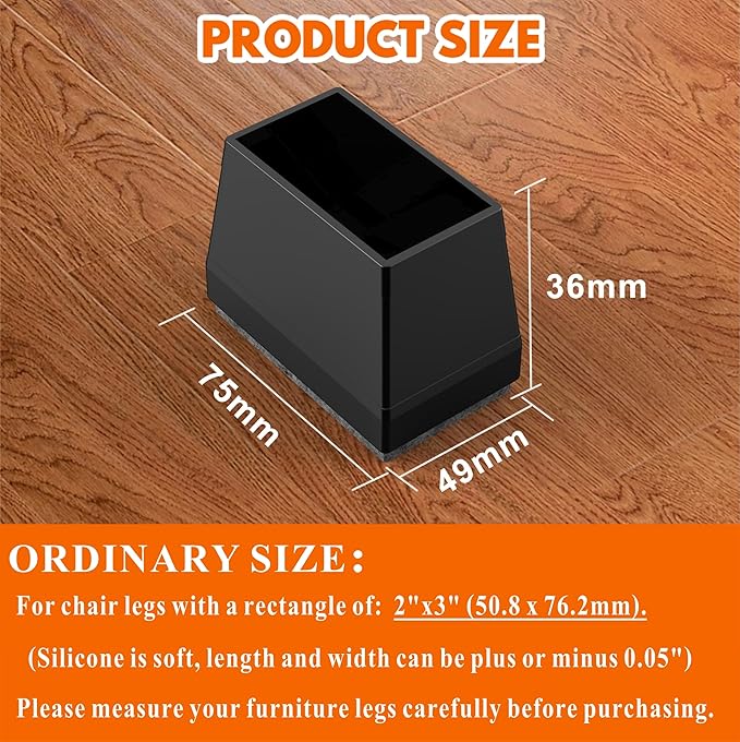 Rectangle Chair Leg Protectors for Hardwood Floors,16 PCS Silicone Covers to Protect Wood Tile Floors Felt Pads Furniture Leg Caps Reduce Noise. Easy to Move. (Black,2 x 3 Inch, Rectangular)