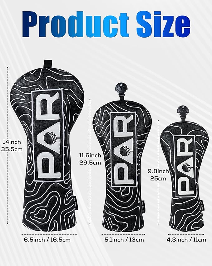 Big Teeth Golf Club Covers Full Set Driver Headcover Fairway Wood Hybrid Golf Club Iron Head Covers, Topographic Edition Putter Cover Leather Golf Head Covers Pure Black, Gifts for Men
