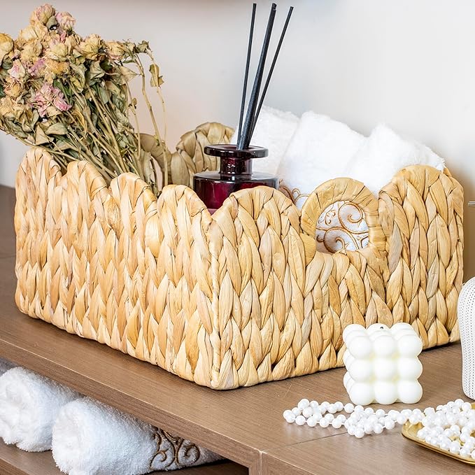 Scalloped Basket Wicker & Rattan Storage Basket with Built-in Handles, Large Woven Water Hyacinth for Nursery & Bathroom Organization 2 Pack