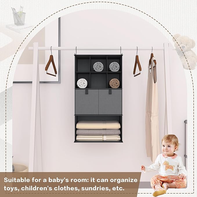 Hanging Closet Organizer 4 Shelves, 2 Drawers Closet Organization and Storage, 6 Compartments Wardrobe Clothes Organizer, Dark Gray