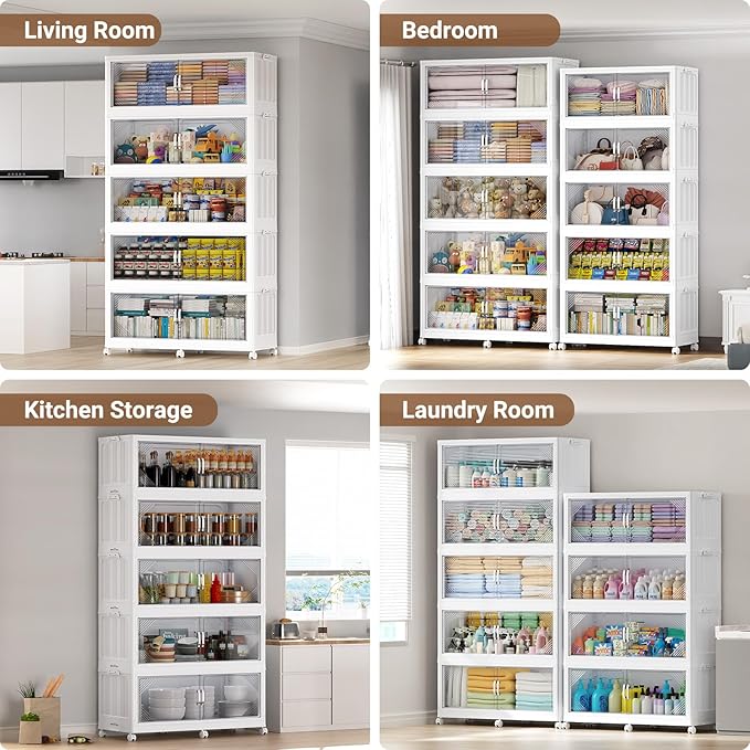 220Gal Plastic Stackable Storage Bins with Lid, 880QT Extra Large Closet Organizers Collapsible Cabinets Boxes With Drawers, Foldable Containers with 6x Wheels for Home Kitchen, V60 4Pack White