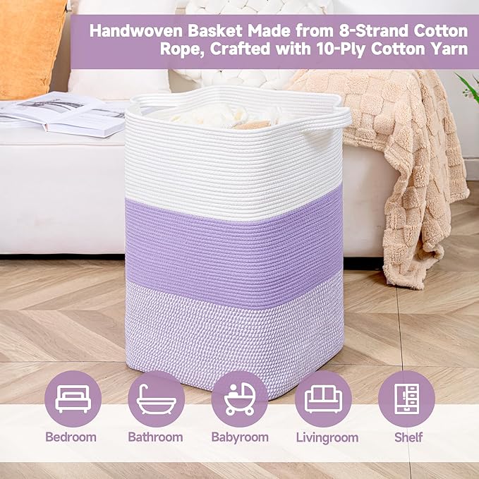 CLHMILY&Z 75L Laundry Basket Rectangular Lavender Rope - 16x13x22 Inches - Dirty Clothes and Soft Storage Bin for Blankets, Toys, and Nursery Essentials
