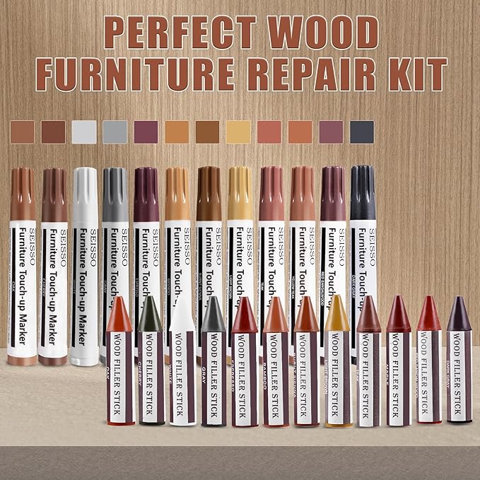 SEISSO Furniture Repair Kit, 18 Colors Touch Up Markers and Wood Filler Sticks with Wood Polish Wax - Furniture Touch Up Kit Cover Up Scratches, Stains, Holes for Wooden Table, Cabinet, Floors, Door