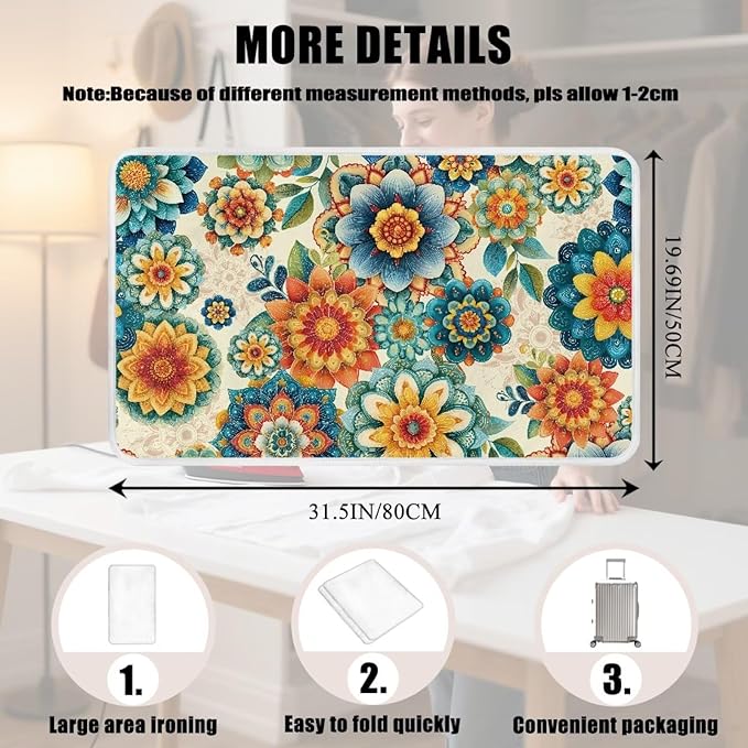 Boho Ironing Mat Foldable Ironing Pad Portable Board Iron Board Alternative Cover,Foldable Cover Flower Small Iron Mat for Table Top,Washer and Dryer 32 x 16 Inch