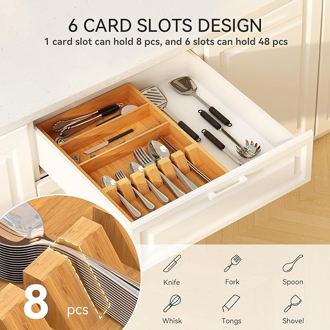 Yofidra Pure Bamboo Silverware Drawer Organizer: 16.53" Lx10 Wx1.93 H Large Silverware Utensil Tray Holder, 3-Compartment with 6 Card Slots Kitchen Flatware Organizer for Spoons Forks Knives