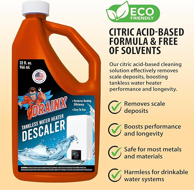 DrainX Tankless Water Heater Flushing Kit Includes Submersible Pump, Hoses, Liquid Descaler Solution, and Measuring Bucket