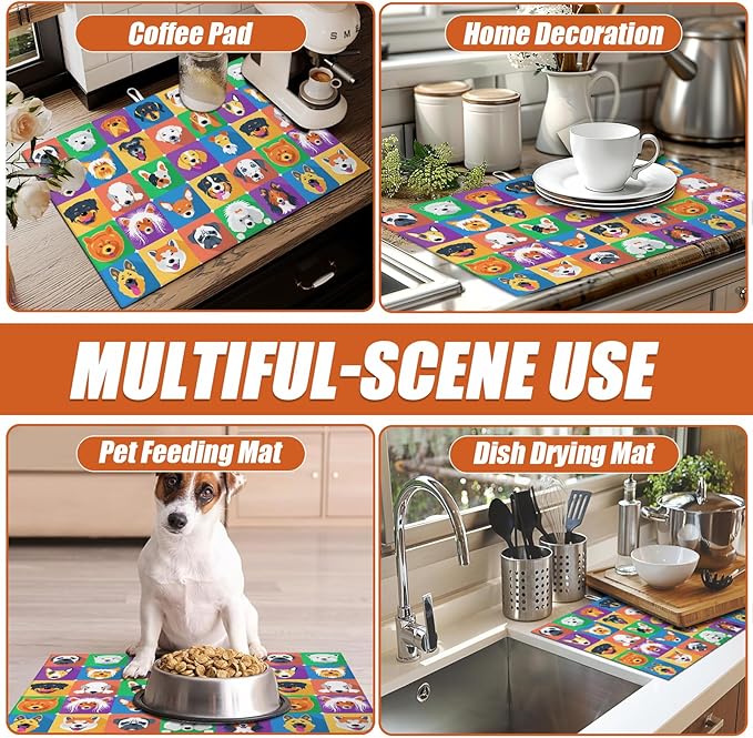 Cute Dogs Dish Drying Mat for Kitchen Counter Microfiber Absorbent Dish Kitchen Drying Mat Draining Reusable Washable for Dishes/Utensils/Counterto