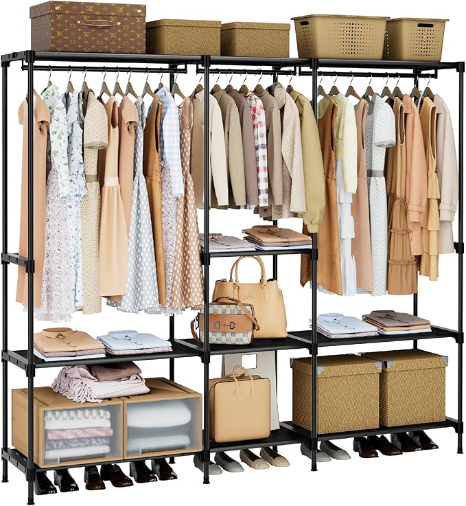 Clothes Rack, Portable Closet, 71.7 Inch Large Capacity Wardrobe Closet, Clothes Storage Organizer with Shelves and 3 Hanging Rods, Easy to Assembly, Black PCT035B01