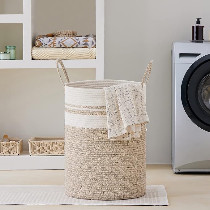 VIPOSCO Large Laundry Hamper, Tall Woven Rope Storage Basket for Blanket, Toys, Dirty Clothes in Living Room, Bathroom, Bedroom - 72L Brown & White