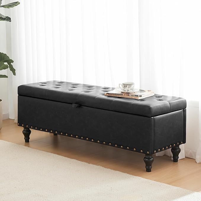 51.8’’ Storage Ottoman Bench, Faux Leather Ottoman with Storages, Window Benches Holds up to 330lbs, Upholstered Storage Bench for Bedroom, Living Room, Entryway and Family Room, Black