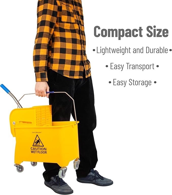 Mind Reader Mop Bucket with Wringer, 22 Qt (5.5 Gallon), Floor Cleaning, Handle, Wheels, 16.25"L x 10.75"W x 24.5"H, Yellow