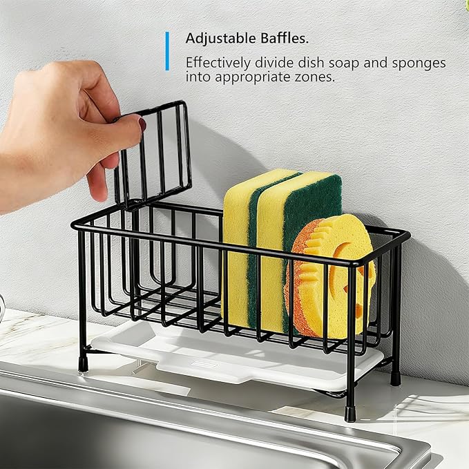 Kavciva Sink Caddy Sponge Holder,304 Stainless Steel Dish Brush Holder,Kitchen Countertop Sink Rack,Dish Soap Holder,Dishwashing Tool Drying Tray with Adjustable Partitions,Essential Kitchen Shelves