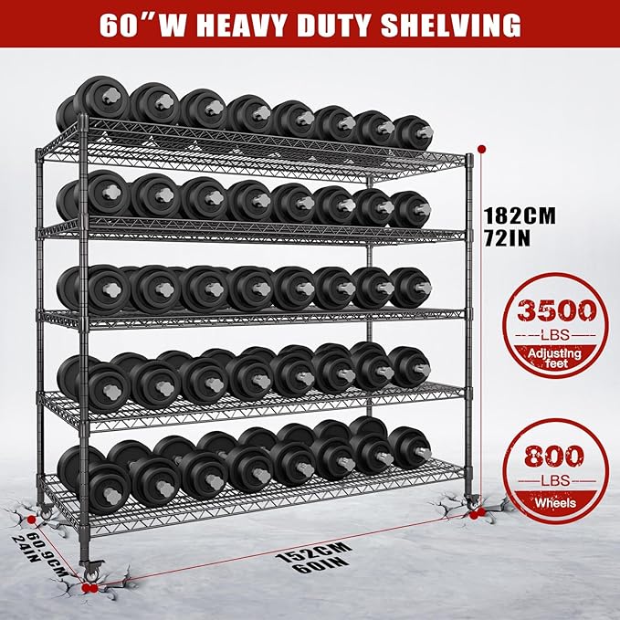 AIRAJ 60” W Storage Shelves Heavy Duty | 5 Tier Wire Shelving | 3500 LBS Metal Shelving | Garage Shelving Units and Storage | Rolling Wire Rack with Wheels | Adjustable Layer Height | 60”W×24”D×72” H
