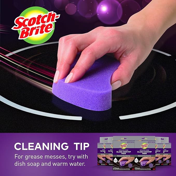 Scotch-Brite Glass Cooktop Pads, Scratch-Free & Non-Abrasive Scrubbers for Glass or Ceramic Stovetops, Cleans Burnt-On Messes with Just Water, Reusable Dishwasher-Safe Design (12 Pads)