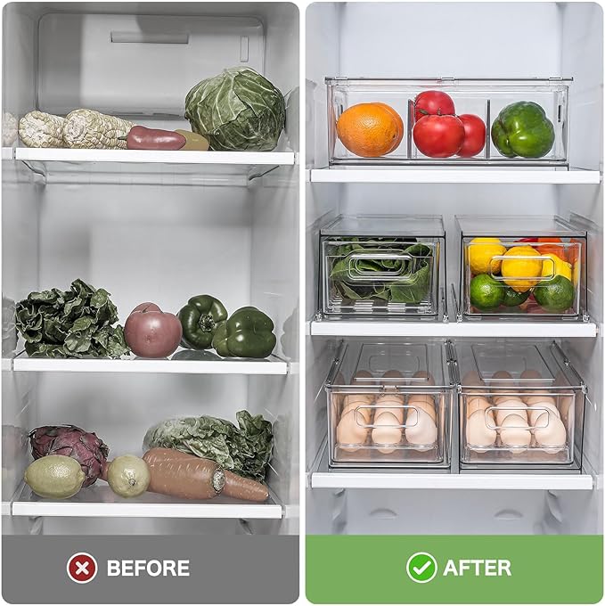shopwithgreen Refrigerator Organizer Bins with Pull-out Drawer, Drawable Clear Fridge Drawer Organizer with Handle, Plastic Kitchen Pantry Storage Containers , 2 Pack, 3.7QT