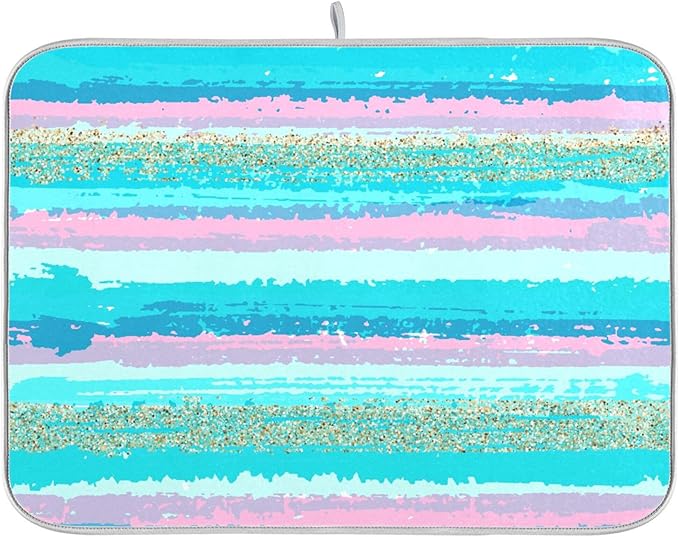 Turquoise Stripe Dish Drying Mat for Kitchen Countertop 16x18 Rectangle Teal Aqua Small Drying Mat Reusable Quick Dry Dish Sink Absorbent Mats Dishwasher Easy Clean Decorative Home Decor Essentials