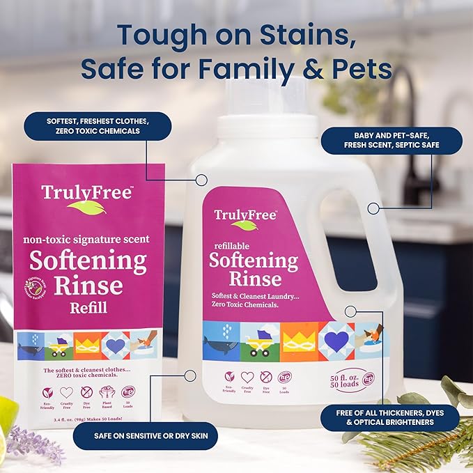 Truly Free Natural Fabric Softener for Sensitive Skin, Baby, Kids | Clean Easy Powder to Liquid Laundry Softener | Lavender Eucalyptus, Septic Safe | 1 Pack Fabric Softner + 1 Refillable Jug, 50 Loads