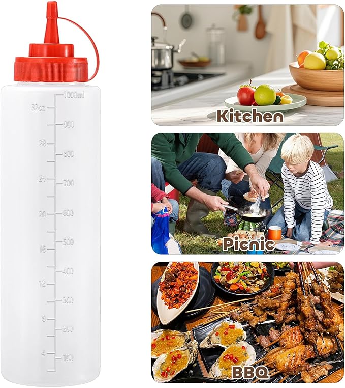 Condiment Squeeze Bottles Ketchup Dispenser, 2 Pack 32oz Squeeze Bottles for Liquids, Plastic Sauce Bottle with Cap Lid, Squirt Bottles for Sauces Liquids BBQ Dressing Pancake Art