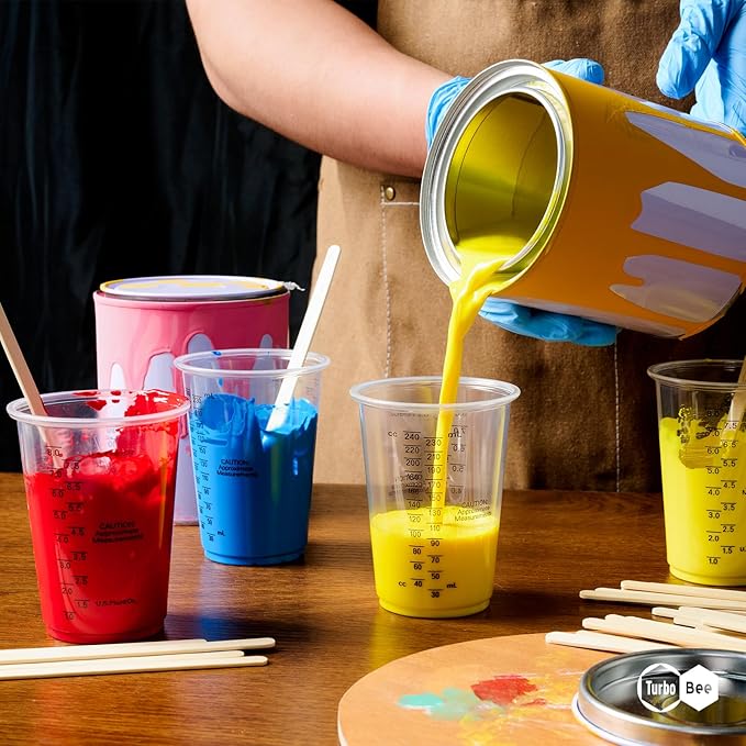 Plastic Measuring Cups 8OZ,200 PACK Disposable Mixing Cups with 200 Mixing Sticks,Paint Graduated Measuring Tumblers for Epoxy Resin, Paint Mixing, Art DIY
