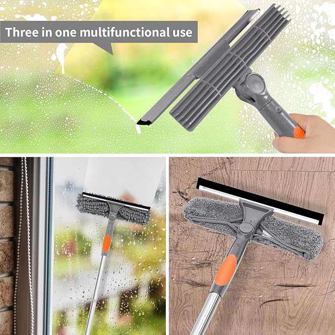 Professional 72'' Window Squeegee Cleaning Washing Tool/Kit with Extension Pole, 3 in 1 Squeegee for Window Cleaning Kit for High Window with 1 Rotatable Head 4 Interchangeable Scrubber