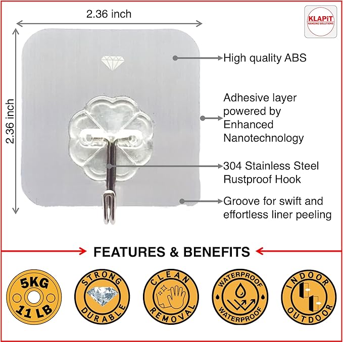 KLAPiT Super Hook - Heavy-Duty Adhesive Wall Hooks, Holds Up to 11 lbs, Waterproof, No Damage, Easy Install on Tile, Wood, Stone, Glass & Metal - Made of Steel (Clear, 24pc)