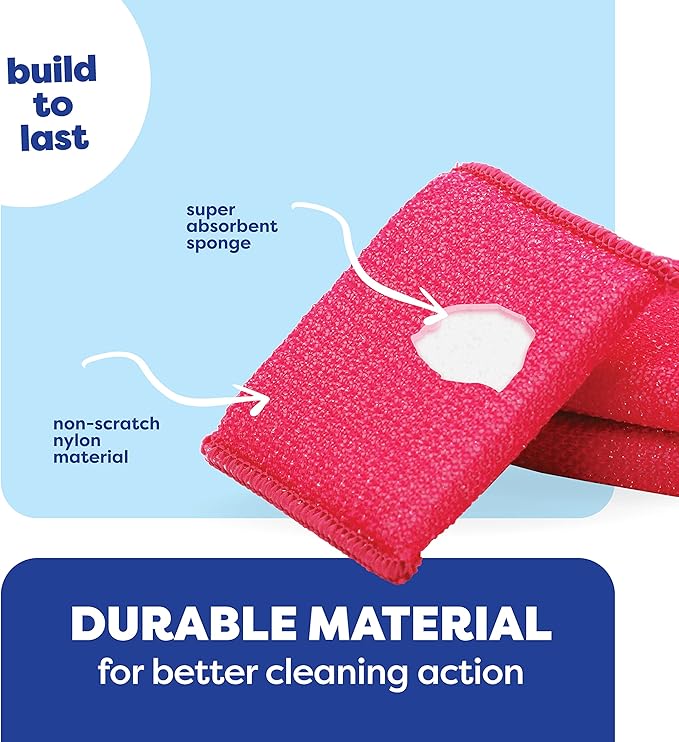 SCRUBIT Multi-Purpose Dish Scrub Sponge, Non Scratch Scouring Pads, Cleaning Sponges for pots, Dishes & Non-Stick Cookware - Pot Scrubber Sponges for Kitchen & Bathroom - 12 Pack Dish Sponge (Red)