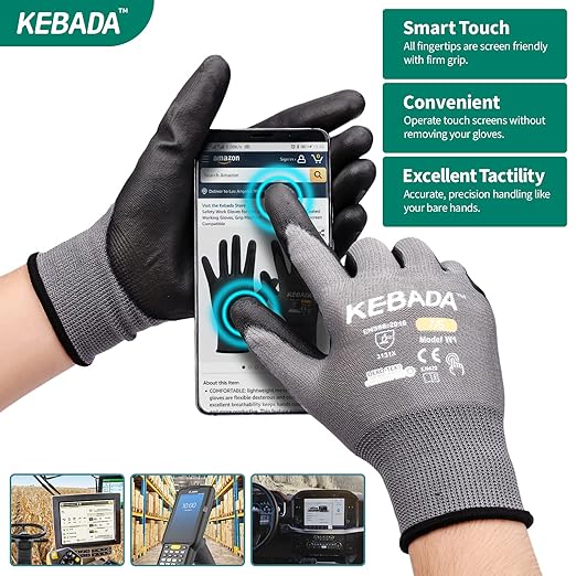Kebada Safety Work Gloves,120 Pairs Bulk Pack, Touchscreen, PU Coated, Ideal for Warehouse, Construction, Gardening and Mechanics, Grey, X-Large