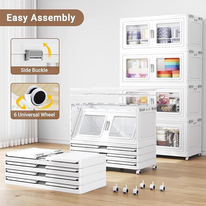 BROVIEW 880 Qt Stackable Storage Bin with Lids, 220Gal Extra Large Collapsible Storage Boxes, Folding Plastic Drawer, Heavy-Duty Store Cabinet, Closet Organizer for Home Kitchen, 4 Pack White