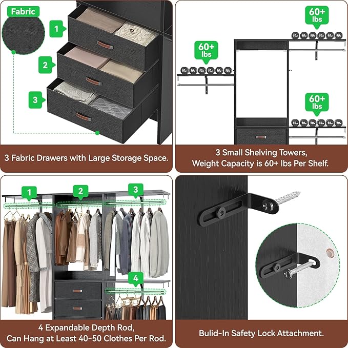 Armocity 5FT Small Closet System with 3 Fabric Drawers, 60 Inches Walk In Closet Organizer System With 3 Adjustable Shelves, Heavy Duty Clothes Rack Built-In Garment Rack, 59" L x 16" W x 71" H, Black