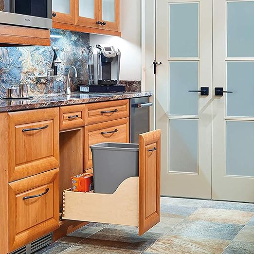 Rev-A-Shelf Pullout Trash Can for Kitchen Cabinet, Single 35 Qt Bin with 12" Wood Frame - Large Garbage Bin Container for Home Waste Storage and Recycling