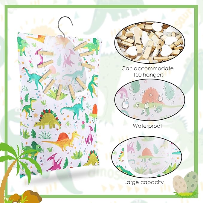 2 Pcs Dinosaurs Clothespin Holder - 15 X 11 Inch Clothes Pin Hanging Bag for Clothesline, Outdoor, Laundry Room and Wardrobe