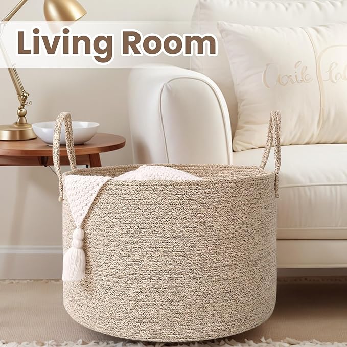 Woven Blanket Basket,65L Large Rope Storage Bin with Handles, Organizer for Blankets Toys Book and Clothes, Laundry Basket for Living Room Bedroom Nursery,Oatmeal