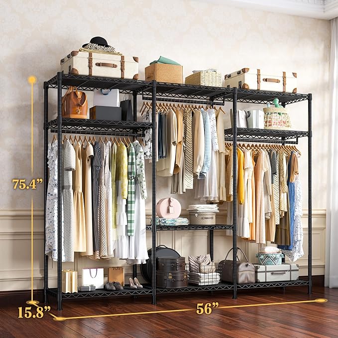 Raybee Clothes Rack Heavy Duty Load 795LBS Portable Clothing Racks for Hanging Clothes Adjustable Garment Rack, 56" W X16 D X 75.5" H Black