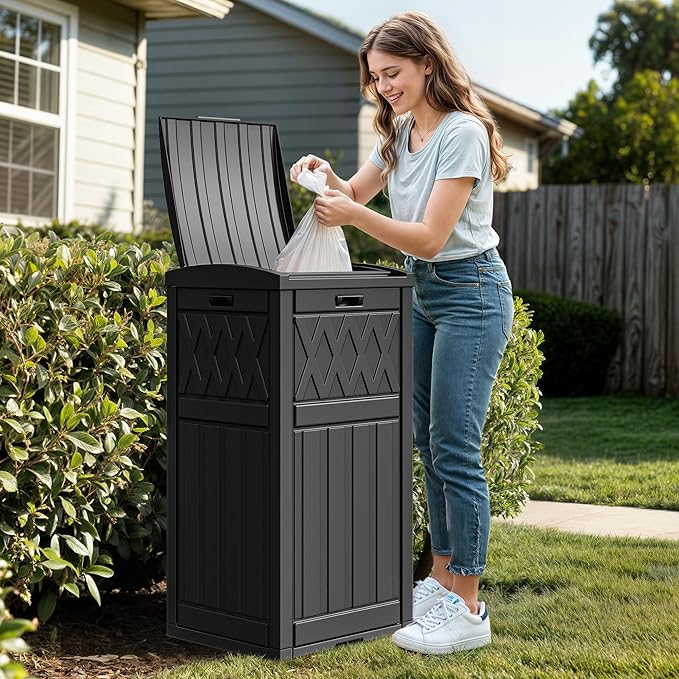 DWVO 36-Gallon Outdoor Trash Can with Fabric Bag, Tiered Lid & Drip Tray, Waterproof Resin Garbage Bin for Patio, Deck, and Backyard, Black
